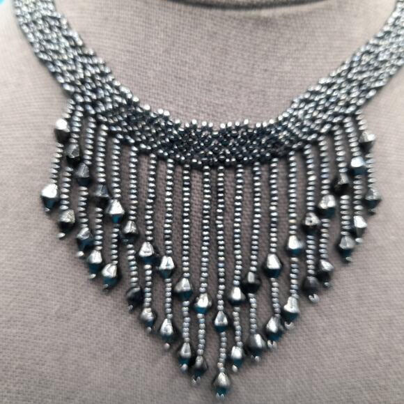 Vintage Hand Woven Seed Bead Fringe Necklace, Metallic Black, 15 1/2" - Picture 4 of 8